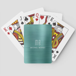 Elegant Green Brushed Metallic Monogram Name Pokerkaarten