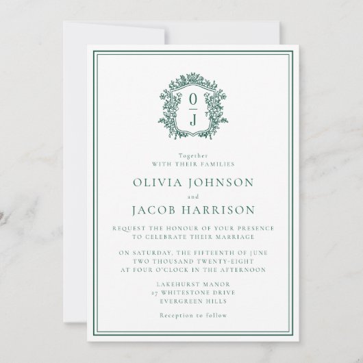 Elegant Green Crest Wedding Invitation (Devant)