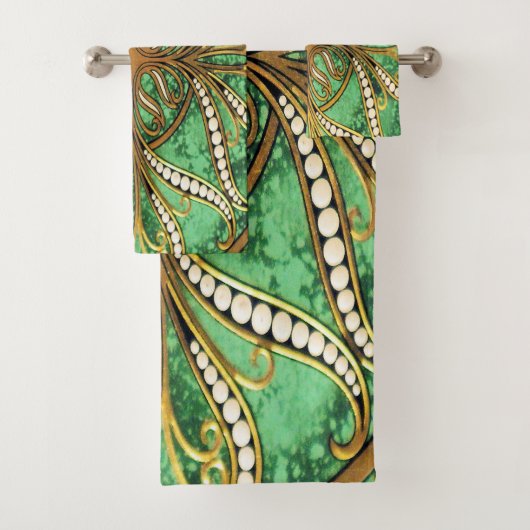 Elegant Green en Gold Damask Pattern Bad Handdoek (Insitu)