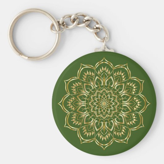 Elegant Green en Gold Floral Mandala Pattern Sleutelhanger (Voorkant)