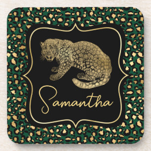 Elegant Green en Gold Leopard en Spots Pattern Bier Onderzetter