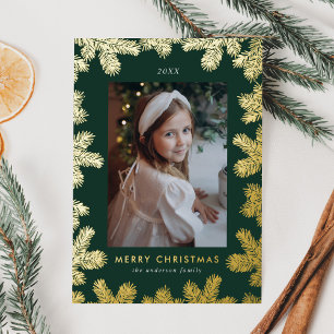 Elegant Green en Gold Pine Lijst Foto Folie Feestdagenkaart