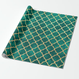 Elegant Green en Gold Quatrefoil Art Deco Pattern Cadeaupapier