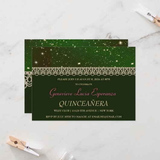 Elégant Green et Gold Quinceañera Invitation (Devant/Arrière en situation)