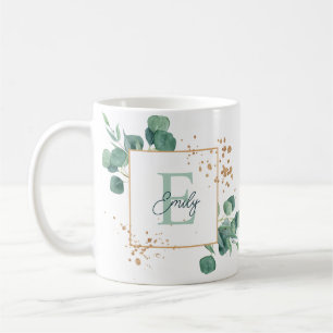 Elegant Green Eucalyptus & Gold Foil Monogram Koffiemok