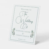 Elegant Green Eucalyptus Leaf Fall Weddenschap Wel Reclamebord Met Voetstuk (Voorkant)