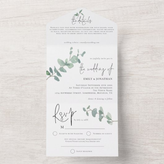 Elegant Green Eucalyptus Script Weddenschap All In One Uitnodiging (Binnen)