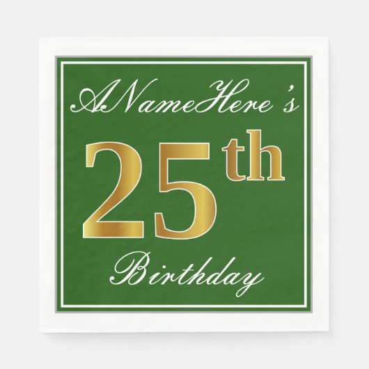 Elegant Green, Faux Gold 25th Birthday + naam Servet (Voorkant)