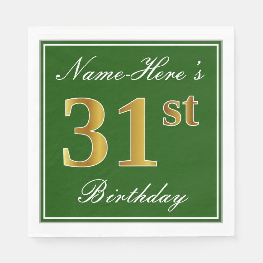 Elegant Green, Faux Gold 31st Birthday + naam Servet (Voorkant)