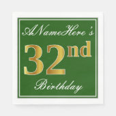 Elegant Green, Faux Gold 32nd Birthday + Name Servet (Voorkant)