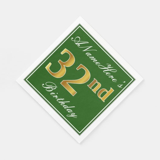 Elegant Green, Faux Gold 32nd Birthday + Name Servet (Hoek)