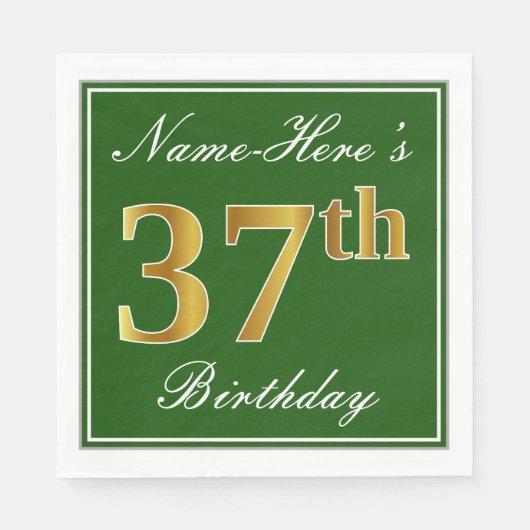 Elegant Green, Faux Gold 37th Birthday + naam Servet (Voorkant)