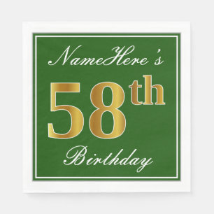 Elegant Green, Faux Gold 58th Birthday + naam Servet