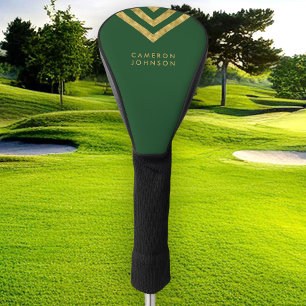 Elegant Green Faux Gold Name Chevron Geometric Golfheadcover