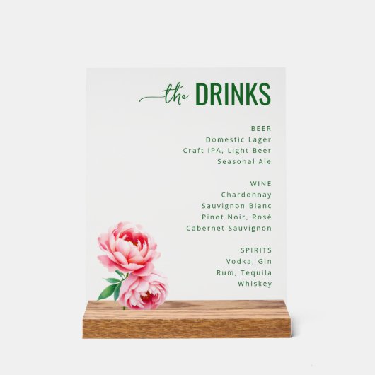 Elegant Green Floral Beverage Menu Acryl Bord (Voorkant)
