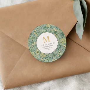 Elegant Green Floral Gold Monogram Return Address Ronde Sticker