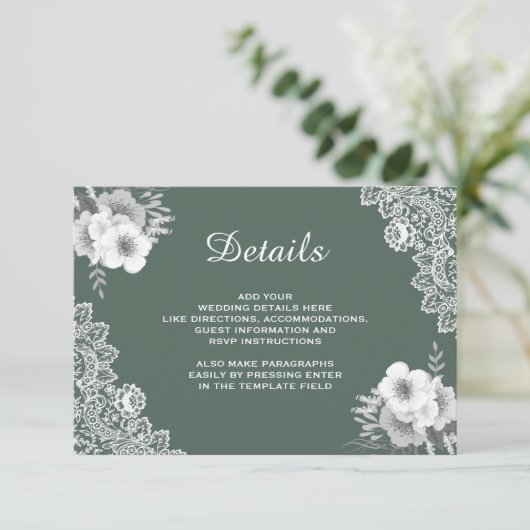 Elegant Green Floral Lace Wedding Details Informatiekaartje (Staand voorkant)