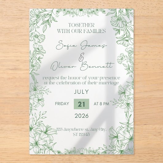 Elegant Green Floral Line Art Wedding Invitation  (Recto)