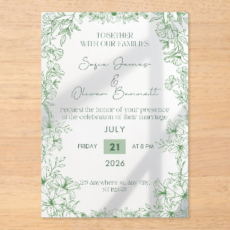 Elegant Green Floral Line Art Wedding Invitation Acryl Uitnodigingen