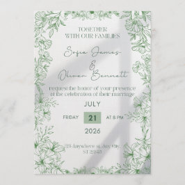 Elegant Green Floral Line Art Wedding Invitation  Kaart