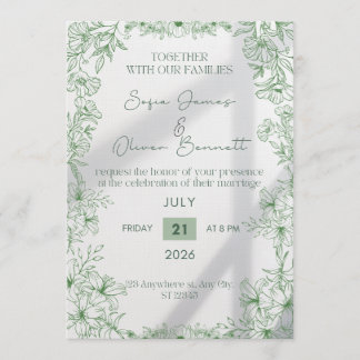 Elegant Green Floral Line Art Wedding Invitation Kaart