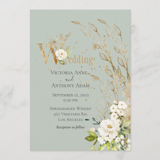 Elegant Green Floral Rustic Script Wedding Kaart (Voorkant)