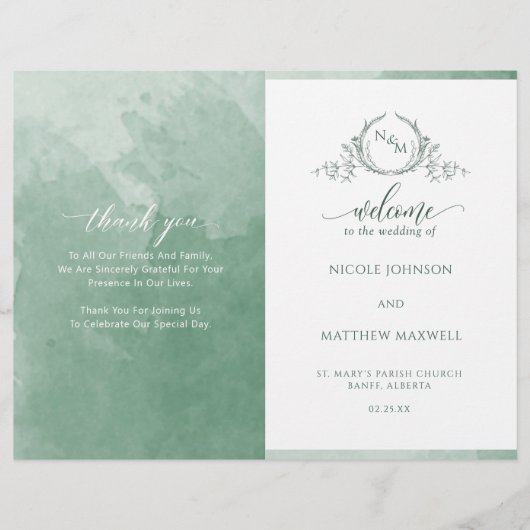 Elegant Green Folded Wedding Ceremony Programme (Voorkant)