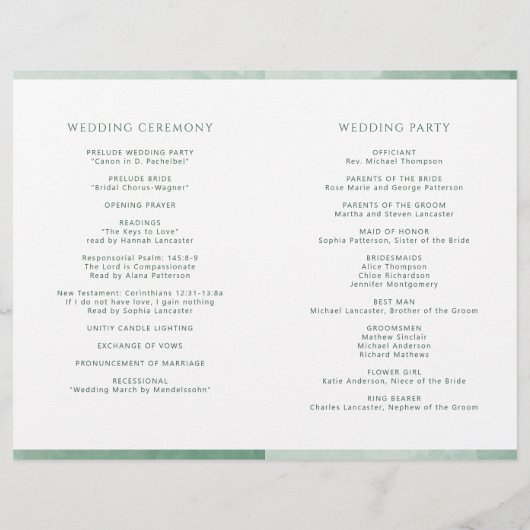 Elegant Green Folded Wedding Ceremony Programme (Achterkant)