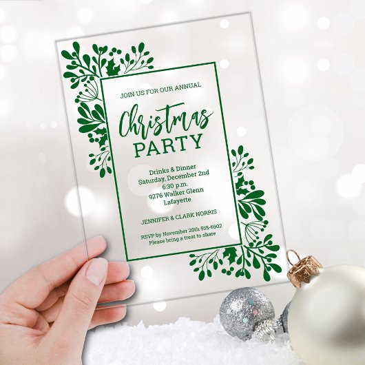 Elegant Green Foliage Christmas Party Acryl Uitnodigingen