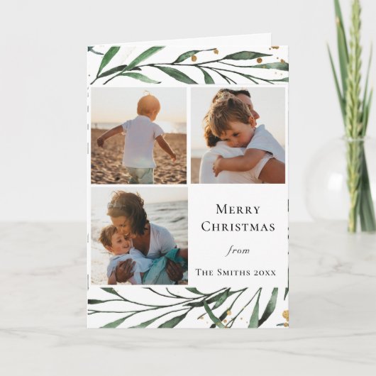 Elegant Green Foliage Gold Confetti Waterverf Feestdagen Kaart (Voorkant)