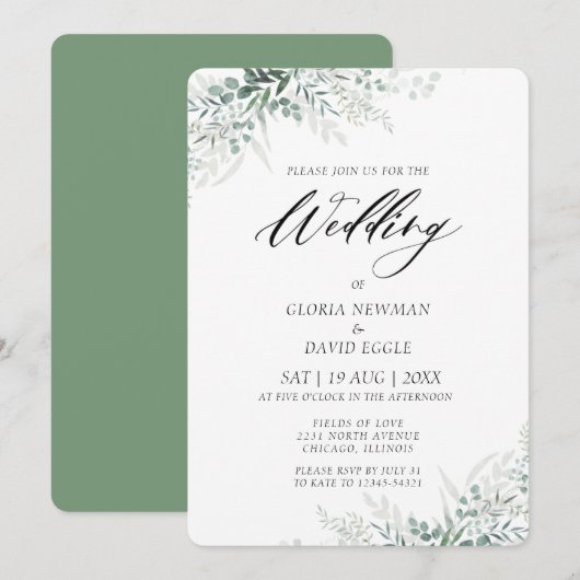 Elegant Green Foliage Wedding Invitation Kaart (Voorkant / Achterkant)