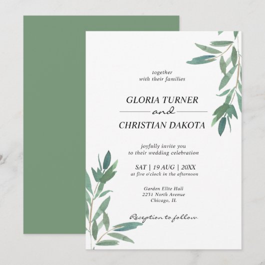Elegant Green Foliage Wedding Invitation Kaart (Voorkant / Achterkant)