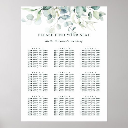 Elegant Green Foliage Wedding Seding Chart Poster (Voorkant)