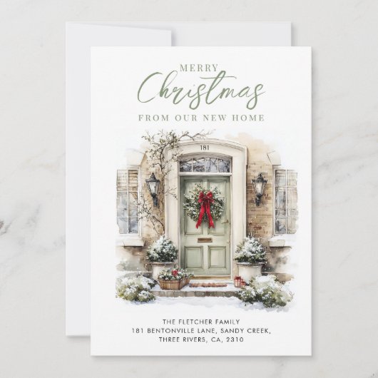 Elegant Green Front Door New Home Christmas Feestdagenkaart (Voorkant)