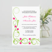 Elegant Green Fuchsia Swirls Wedding Invitation Kaart (Staand voorkant)