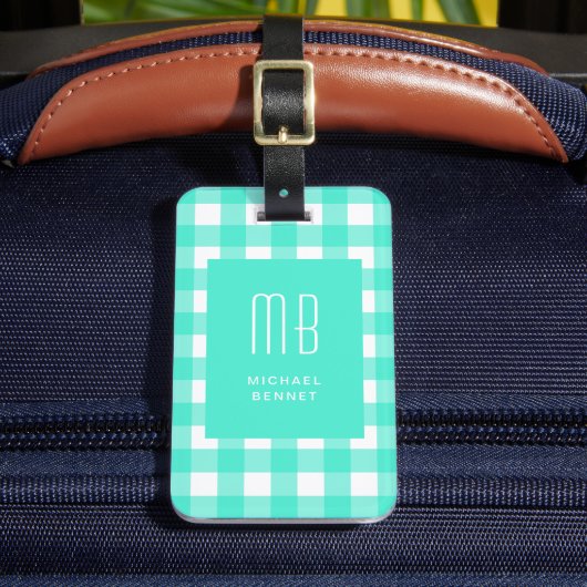 Elegant Green Gingham Monogram Bagagelabel (Voorkant Insitu 2)