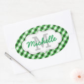Elegant Green Gingham Pattern Persoonlijke naam Ovale Sticker (Envelop)