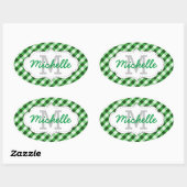 Elegant Green Gingham Pattern Persoonlijke naam Ovale Sticker (Vel)