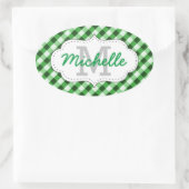 Elegant Green Gingham Pattern Persoonlijke naam Ovale Sticker (Tas)