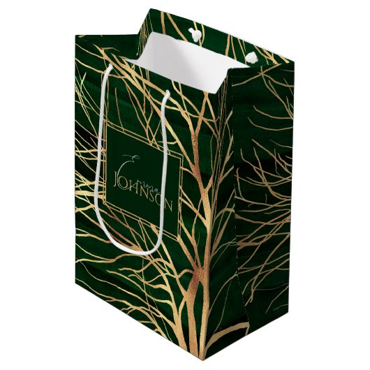 Elegant Green Gold Autumn Tree Tekening Medium Cadeauzakje (Voorkant Gekanteld)