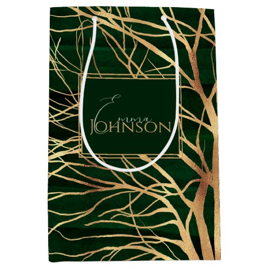 Elegant Green Gold Autumn Tree Tekening Medium Cadeauzakje (Voorkant)
