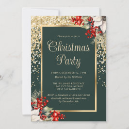 Elegant Green Gold Botanical Christmas Party Kaart
