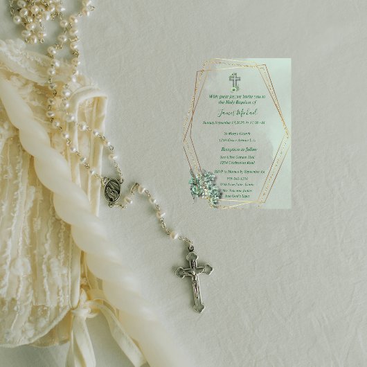 Elégant Green & Gold Cross Baptism Invitation