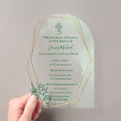 Elégant Green & Gold Cross Baptism Invitation (In situ (ordinateur de poche))