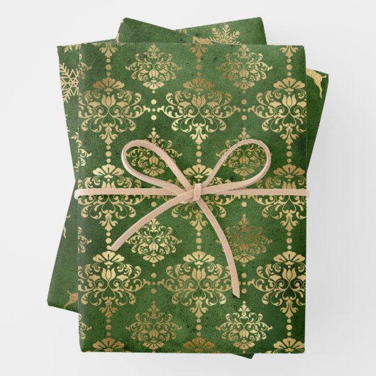 Elegant Green Gold Damask Reindeer Snowflakes Inpakpapier Vel (In situ)