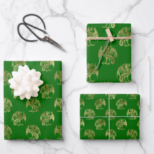Elegant Green Gold Dragon Wrapping Paper Sheets