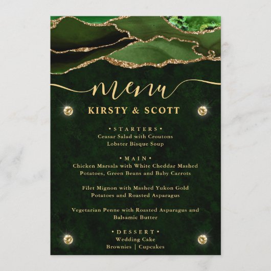 Elegant Green & Gold Faux Glitter Agate Wedding Menu (Voorkant)
