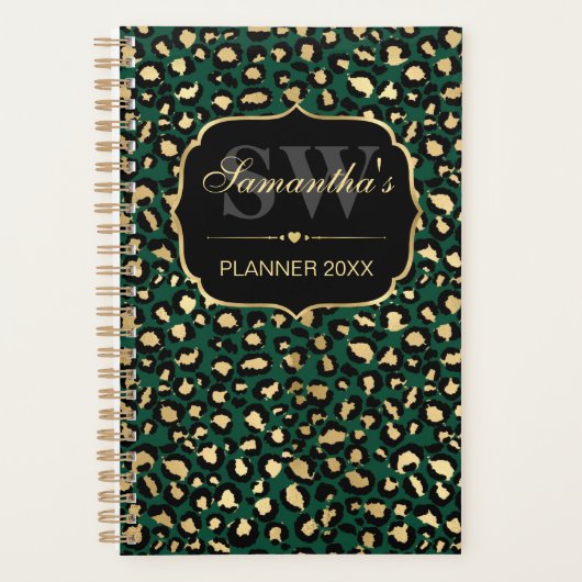 Elegant Green & Gold Foil Leopard Spots Monogram Planner (Voorkant)