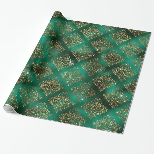 Elegant Green Gold Geometric Pattern Kerstmis Cadeaupapier (Uitgerold)