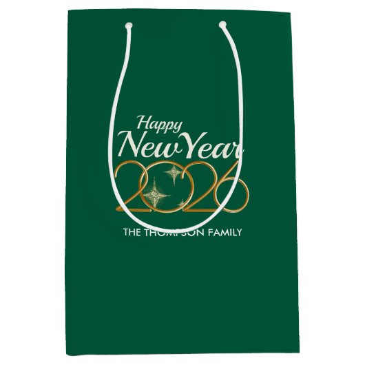 Elegant Green & Gold “New Year 2026” Personalized  Medium Cadeauzakje (Voorkant)